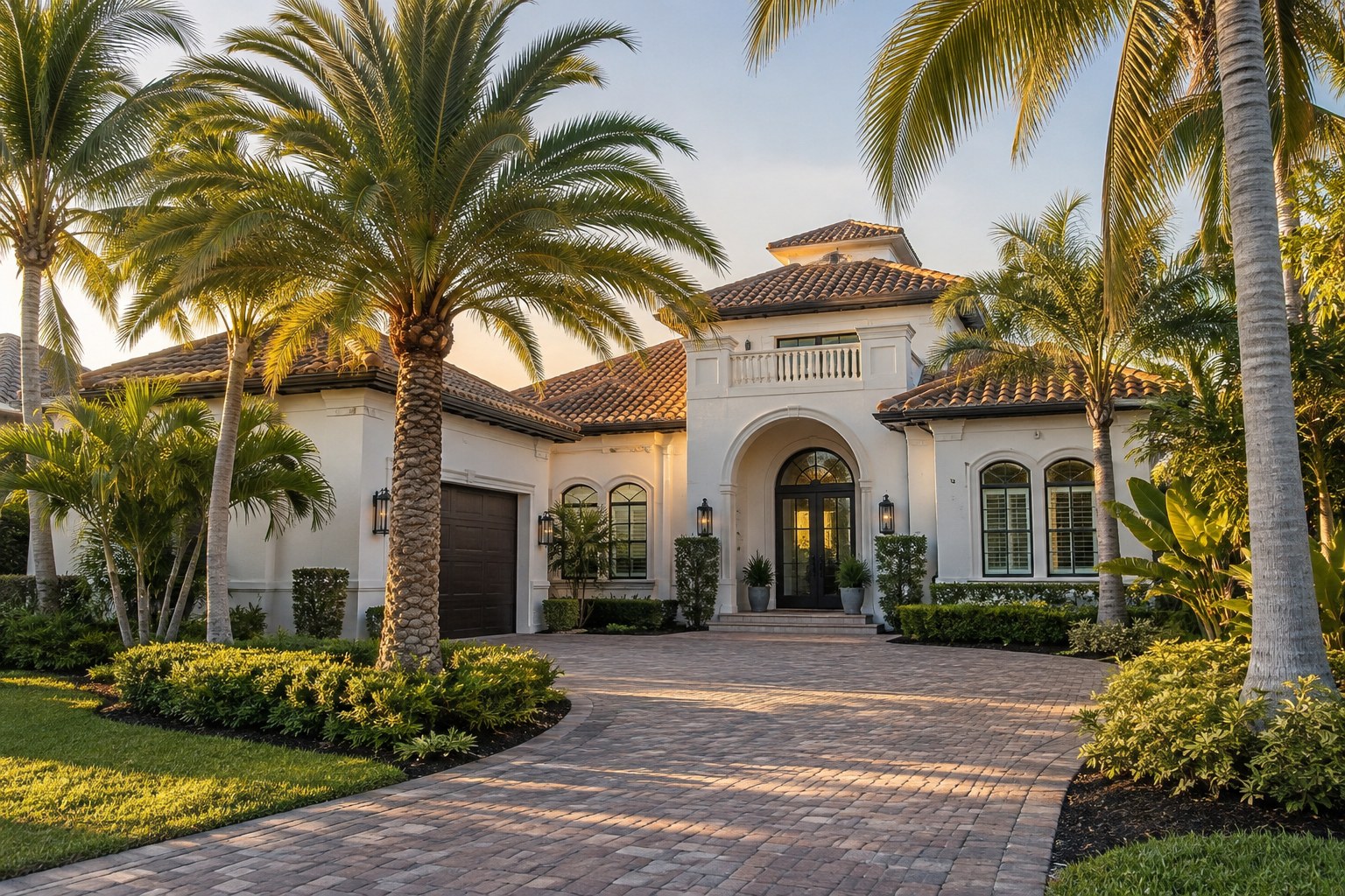 A Gulf Coast Florida home with palms in warm evening light