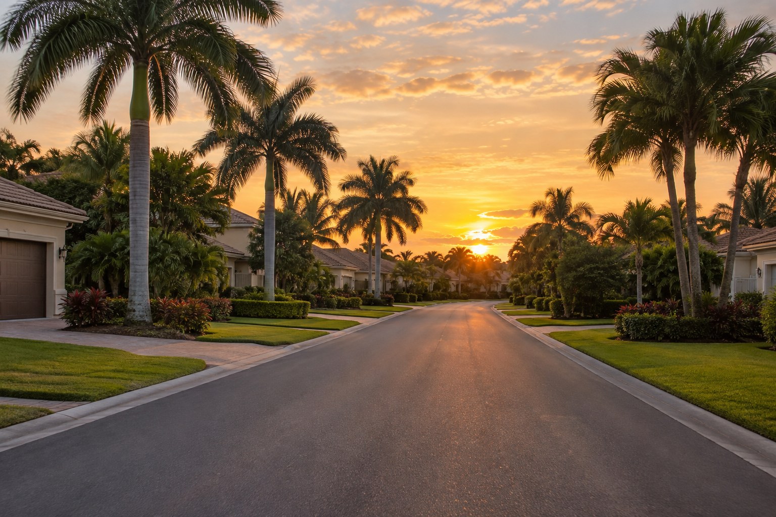A residential street in Sarasota at sunset, illustrative